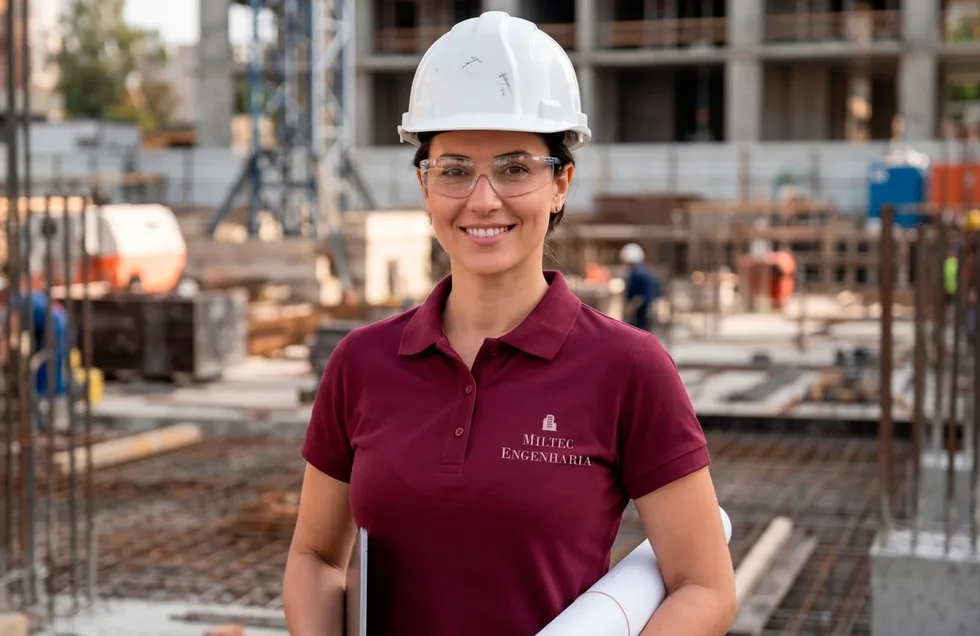 Engenheira da Miltec Engenharia com camisa da empresa em obra