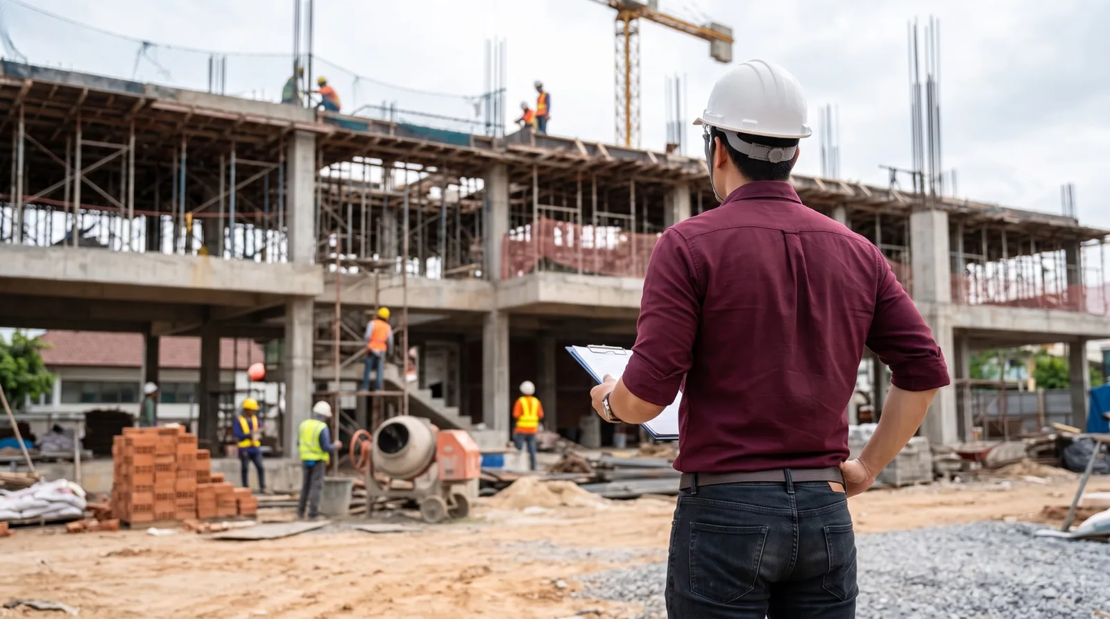 Engenheiro de costas acompanhando a equipe em canteiro de obras
